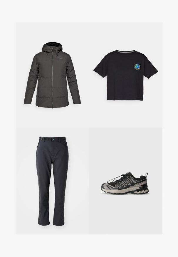 Černá zateplená zimní bunda s kapucí, předním zipem a logem Patagonia na levé části hrudníku.; Černé bavlněné tričko s krátkým rukávem, na hrudi s kulatým vícBarevným logem. Rovný lem a volný střih.; Columbia LEADER CREST™ PANT - Outdoorové kalhoty - black; Černá a šedá sportovní obuv s síťovaným svrchem, gumovou podrážkou a elastickým šněrovacím systémem. Obsahuje zesílenou špičku a texturované akcenty.