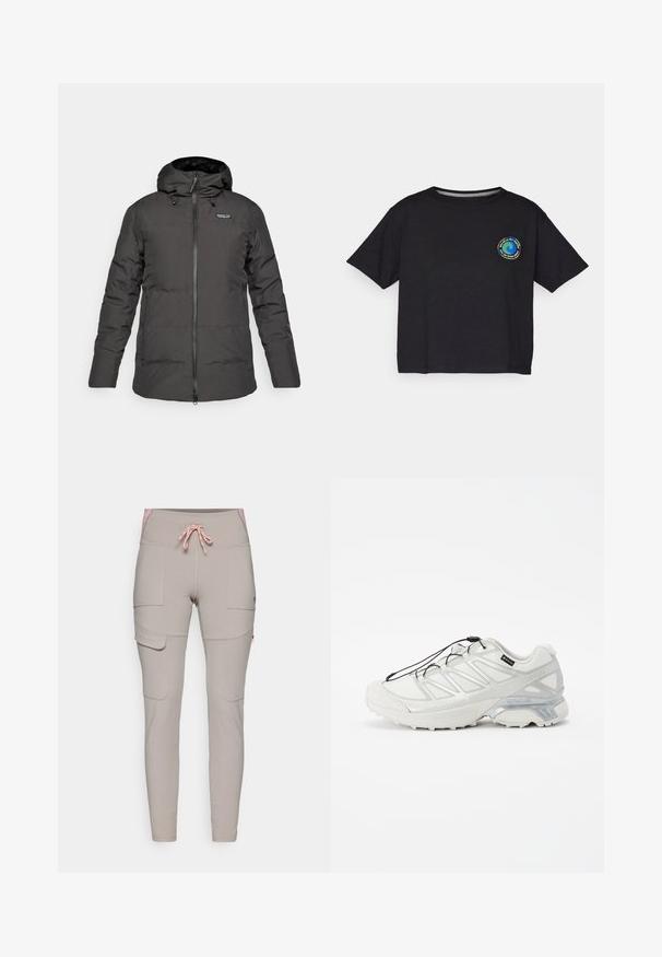 Chaqueta de invierno negra con capucha, aislada, con cremallera frontal y logo de Patagonia en la zona izquierda del pecho.; Camiseta de algodón negra de manga corta con un logo multicolor circular en el pecho. Dobladillo recto y corte relajado.; Pantalones cargo beige con dos bolsillos laterales, una cinturilla rosa y cierre con cordón. Fabricados con una tela suave y elástica.; Zapatilla deportiva blanca con una parte superior de malla texturizada, acentos reflectantes y una suela acolchada. Presenta cordones elásticos y detalles grises.