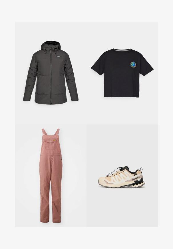 Casaco de inverno preto, isolado, com capuz, zíper frontal e logótipo da Patagonia na área esquerda do peito.; T-shirt preto de algodão com mangas curtas, apresentando um logótipo circular multicolorido no peito. Barra reta e ajuste descontraído.; Fjällräven VARDAG DUNGAREE TROUSERS W - Calças para exterior - dusty rose; Shoe de trail running da Salomon em bege com acentos pretos, apresentando uma parte superior em malha, sistema de cordões rápidos e sola rugged para tração.