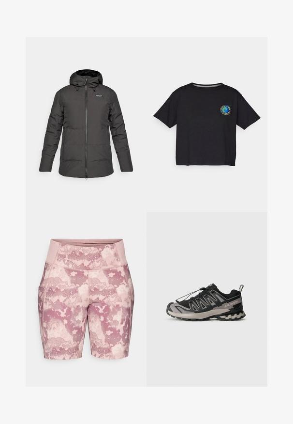 Jachetă de iarnă cu glugă izolată, de culoare neagră, cu fermoar frontal și logo-ul Patagonia pe partea stângă a pieptului.; T-shirt scurt cu mânecă, de culoare neagră, din bumbac, având un logo circular multicolor pe piept. Tiv dreapt și croială lejeră.; Șorturi cu un model de camuflaj roz, realizate dintr-un material elastic, având un talie înaltă și buzunare laterale pentru funcționalitate.; Pantofila sportivă neagră și gri, cu partea superioară din plasă, talpă din cauciuc și sistem de șireturi elastice. Are un vârf întărit și accente texturate.