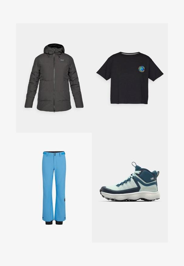 Čierna zateplená zimná bunda s kapucňou a predným zipsom, s logom Patagonia na ľavej hrudi.; Čierne bavlnené tričko s krátkym rukávom s kruhovým viacfarebným logom na hrudi. Priamy lem a voľný strih.; Modré lyžiarske nohavice vyrobené z vodoodpudivého materiálu, s rovnými nohavicami, dvoma prednými vreckami a čiernymi elastickými manžetami pri členkoch.; Pánska turistická obuv v svetlej teal a námorníckej modrej. Disponuje textúrovaným zvrškom, tvarovanou gumennou špičkou a agresívnym podošvou pre trakciu.