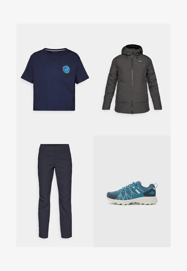 Casaco de inverno preto, isolado, com capuz, zíper frontal e logótipo da Patagonia na área esquerda do peito.; Patagonia UNITY FITZ EASY CUT RESPONSIBILI-TEE - T-shirt estampada - new navy; Calças azul-marinho feitas de tecido liso, com fecho frontal em botão, design slim-fit e detalhes pregueados nos joelhos.; Columbia PEAKFREAK™ II OUTDRY™ - Sapatos de caminhada - blue heron/skylight