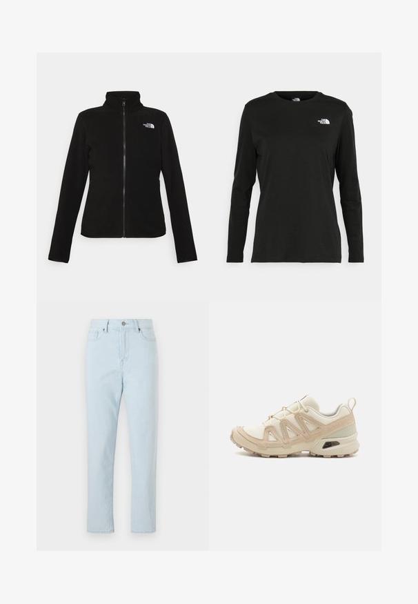 The North Face W GLACIER - Jachetă din fleece - black; Iarna neagră cu mânecă lungă, din bumbac, cu guler rotund. Prezintă un mic logo alb în zona pieptului stâng. Design simplu și croi lejer.; Jeans drepti, de culoare bleu deschis, cu talie înaltă, buzunare frontale, bucle pentru curea, închidere cu buton și cusături vizibile pe picioare.; Pantofii sport bej și crem au un superior din plasă texturată, suprapuneri de susținere și o talpă din cauciuc cu un model de profil pentru aderență.