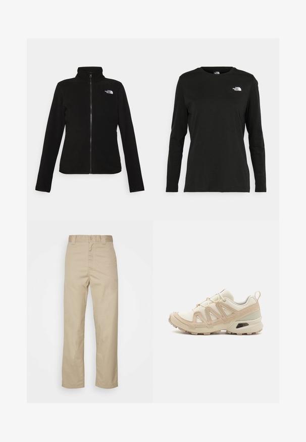 The North Face W GLACIER - Fleecetakki - black; Musta pitkähihaisen t-paita, joka on valmistettu puuvillasta ja jossa on pyöreä kaula-aukko. Vasemmassa rinnassa on pieni valkoinen logo. Yksinkertainen muotoilu ja istuvuus.; Beige puuvillachinot, joissa on suora lahjemuoto, napin sulkeminen ja vyölenkit. Sujuva pinta ilman näkyviä kuvioita tai yksityiskohtia.; Beige ja kreemi värvi sportlikud jalanõud, millel on tekstiilne mesh ülemine osa, toetavad ülekatted ja kummist tald, millel on mustripattern haardeks.