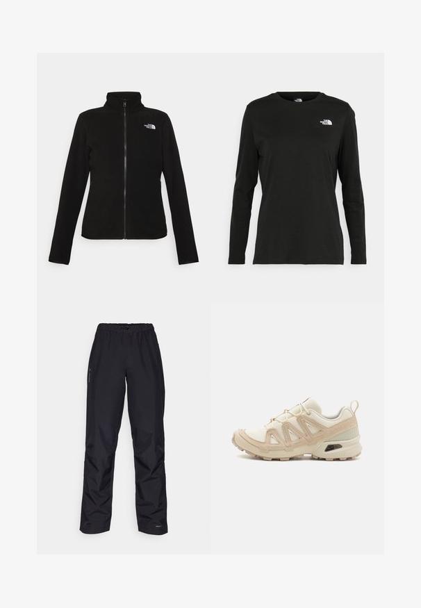 The North Face W GLACIER - Flisinė striukė - black; Juodas ilgomis rankovėmis medvilninis marškinėliai su apvali apykakle. Savybė - mažas baltas logotipas kairėje krūtinės pusėje. Paprastas dizainas ir pritaikymas.; Juodos vandeniui atsparios kelnės, pagamintos iš lygaus sintetinio audinio. Turi elastinę juosmenį ir šonines kišenes, o šonuose matoma švelni prekinė ženklų.; Bežinės ir kreminės spalvos sportinės bateliai su tekstūruoto tinklelio viršutine dalimi, palaikančiomis detalėmis ir guminiais padais, turinčiais raštą, užtikrinantį sukibimą.