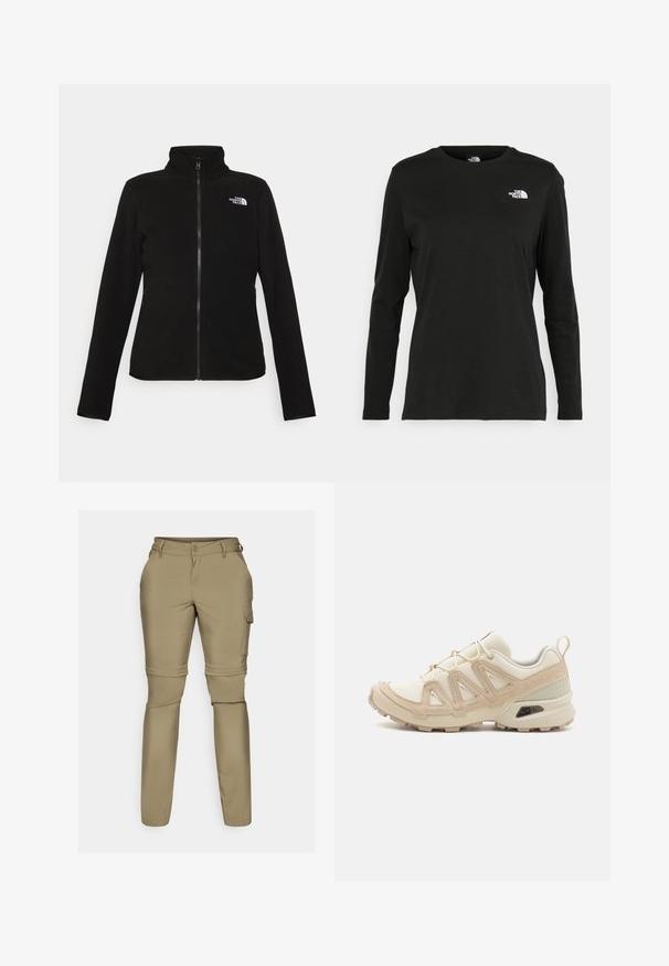 The North Face W GLACIER - Polárdzseki - black; Fekete, hosszú ujjú póló pamutból, kerek nyakkal. A bal mellrészen egy kis fehér logó található. Egyszerű dizájn és szabás.; Beige, könnyű, állítható cargo nadrág leválasztható lábszárakkal, gombos zárással és oldalsó zsebekkel a praktikum érdekében. Simább, nyújtható anyag.; Beige és krém színű sportcipő, texturált hálós felsőrésszel, támogató burkolattal és gumitalppal, amely tapadás érdekében bordázott mintázattal rendelkezik.