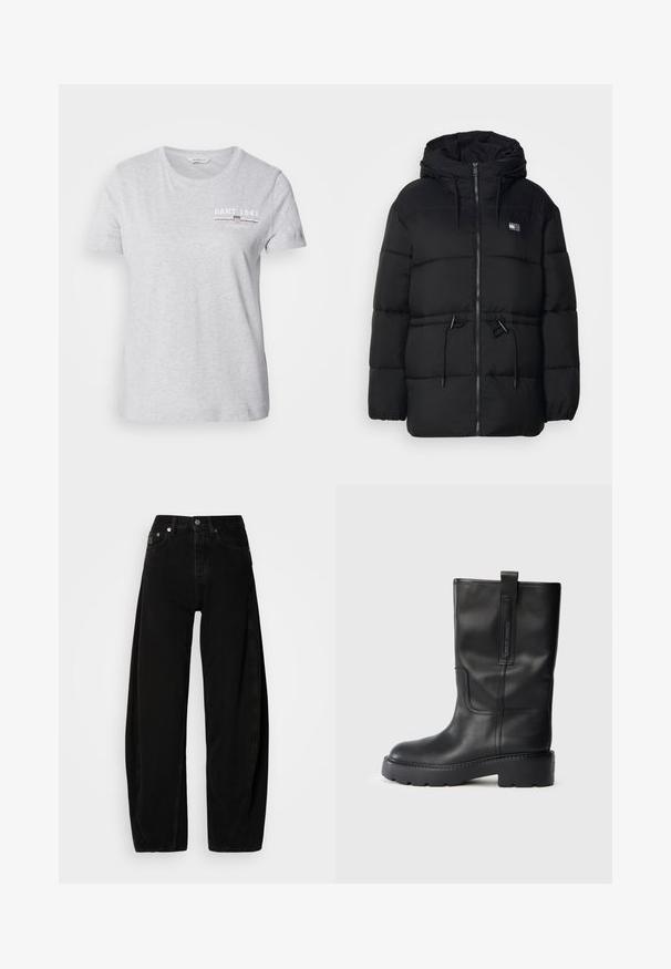 Casaco puffer preto com capuz, apresentando um fecho de correr completo, cordões elásticos na cintura e uma textura riscada sutil.; T-shirt de algodão cinza claro com gola redonda, mangas curtas e um logótipo impresso em branco e vermelho escuro na área do peito esquerdo.; Calças largas de ganga pretas com cintura alta, apresentando um fecho de botão, cinco bolsos e detalhes de costura mínimos.; Botas pretas de couro até ao joelho com um design elegante, apresentando uma sola grossa e uma aba lateral para fácil colocação. Detalhes de costura notáveis.