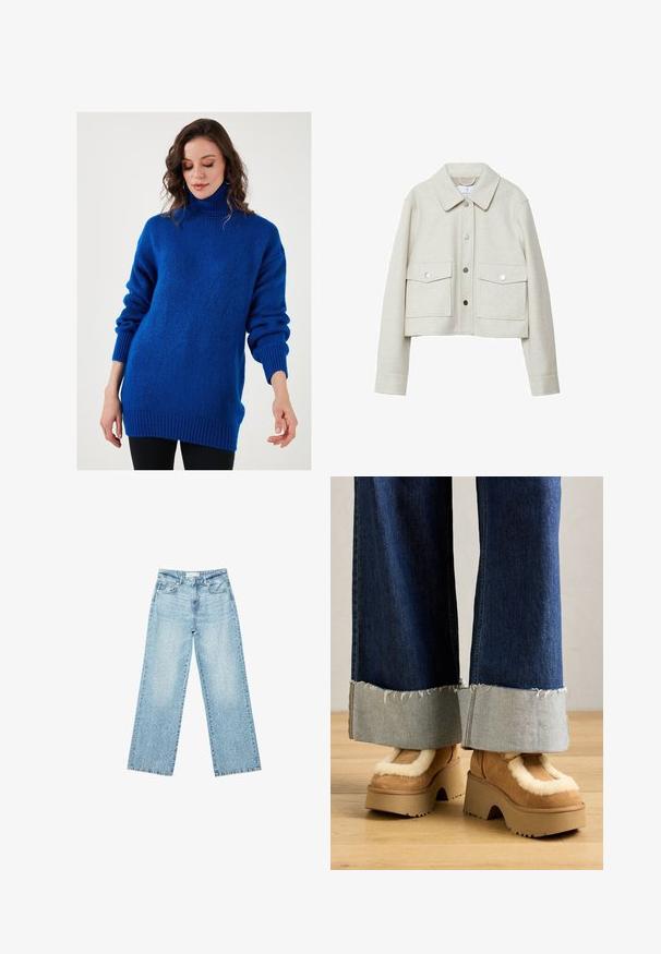 Kremasto bijela skraćena jakna od filcane tkanine, sa ovratnikom, prednjim zatvaranjem na dugme i dvije velike preklopne džepove.; Plavi pulover s visokim ovratnikom, izrađen od mekog, teksturiranog materijala, s nisko postavljenim ramenima, rebrastim manžetama i opuštenim krojem.; Svijetloplave široke traperice s visokim strukom, s izbljeđenim pranjem i malim, raštrkanim oštećenjima na cijeloj površini.; Smeđe antilop čizme na platformu s kremastim krznom, u paru s širokim trapericama s rastrganim rubovima i svjetlijim traper rukavima.