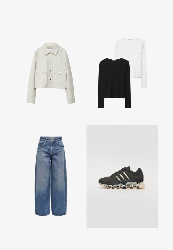 Kremna skrajšana jakna iz filcanega blaga, z ovratnikom, sprednjim gumbom in dvema velikima žepoma s poklopcem.; Črno-beli dolg rokav t-shirti z okroglimi izrezi, mehkim blagom in prilegajočim dizajnom z ravnimi robovi.; Široke denim hlače v srednjem modrem odtenku, s visokim pasom, vidnim šivanjem, petimi žepi in gumbom na sprednji strani.; Črne športne čevlje z teksturiranim zgornjim delom, tremi srebrnimi črtami in značilno blažilno podplatom, ki vključuje več integriranih delov.