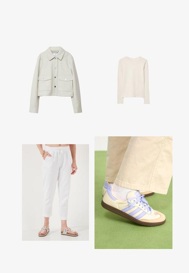 Kremowa, krótka kurtka z wełnianego materiału, z kołnierzem, zapinana na guziki z przodu oraz dwiema dużymi kieszeniami z klapami.; Jasno beżowa bluzka z długim rękawem, wykonana z miękkiego materiału, z okrągłym dekoltem i luźnym krojem, prostym dołem oraz minimalnym detalem szwów.; Białe wycięte spodnie z teksturowanej tkaniny, z elastycznym pasem i sznurkiem. Połączone z ozdobnymi sandałami na korkowej podeszwie.; Kremowe i lawendowe trampki z trzema paskami oraz teksturowaną brązową podeszwą, wyposażone w sznurówki i wyścieloną piętę. Górna część z miękkiego materiału.