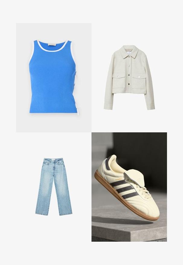 Krämfärgad kort jacka i filtmaterial, med krage, framknäppning med knappar och två stora fackfickor.; Blå ribbad linne med vit kant, med justerbara sidoknyten för passform. Materialet verkar mjukt och har en skräddarsydd design.; Ljusblå denim byxor med vida ben och hög midja, med en blekt tvätt och små, utspridda slitna detaljer genom hela plagget.; Krämfärgad lädersneaker med tre mörka ränder, en brun gummisula och rundad tå. Har en vikbar tunga märkt "SAMBA."