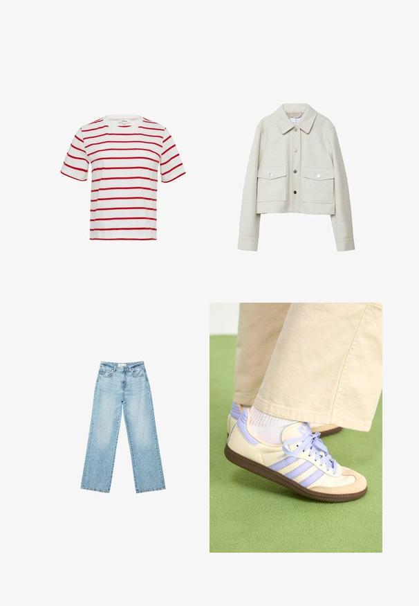 Cremfarbener, taillierter Blazer aus filzartigem Stoff, mit Kragen, vorderem Knopfverschluss und zwei großen Klapptaschen.; Gestreiftes T-Shirt aus weicher Baumwolle; das Design verfügt über horizontale rote Streifen auf weißem Hintergrund, hat kurze Ärmel und einen Rundhalsausschnitt.; Helle blaue Denim-Jeans mit weitem Bein und hoher Taille, im lässigen Look mit einem ausgewaschenen Finish und kleinen, verstreuten Used-Effekten.; Cremefarbene und lavendelfarbene Sneakers mit drei Streifen und einer strukturierten braunen Sohle, ausgestattet mit Schnürsenkeln und einer gepolsterten Ferse. Obermaterial aus weichem Stoff.