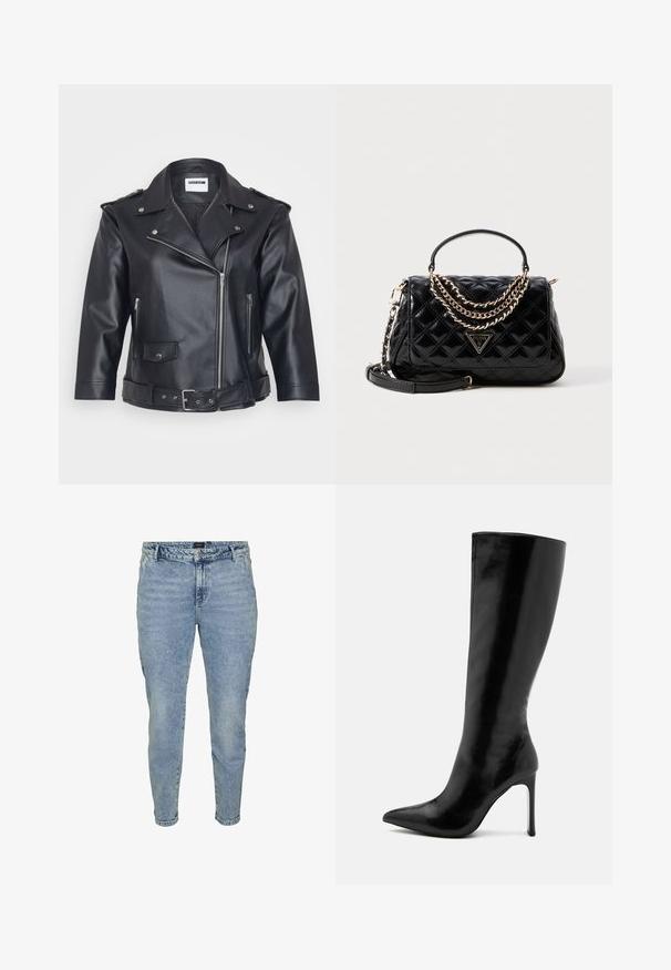 Sort lædermotorcykeljakke med spids krave, asymmetrisk lynlås, sidelommer og bælte i taljen. Tekstureret overflade og metallisk hardware.; Rød ribbet turtleneck sweater med lange ærmer, struktureret stof, tætsiddende silhuet og høj krave. Ingen synlige detaljer.; Lyseblå jeans med en smal benvidde, lavet af denimstof. Har en knaplukning, fem lommer og subtilt slid for tekstur.; Sort knæhøj støvle lavet af blank læder, med en spids tå og en slank stilethæl. Glat tekstur med minimalistisk design.; Sort kviltet håndtaske med en struktureret form, gyldne kædeakcenter, en topstrop og et logo-plade. Inkluderer en aftagelig skulderrem.