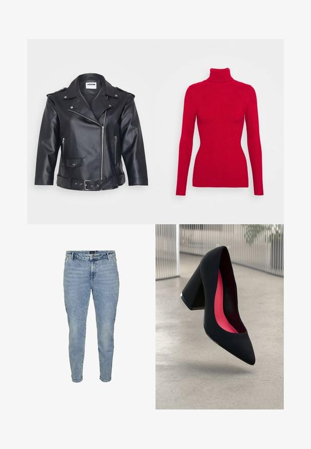 Črna usnjena motoristična jakna s poševnim ovratnikom, asimetričnim zadrgo, stranskimi žepi in pasom s sponko. Teksturirana površina in kovinski dodatki.; Rdeča rebrasta pulover s turtleneck izrezom, dolgimi rokavi, teksturiranim materialom, oprijetim krojem in visokim ovratnikom. Brez vidnih okraskov.; Svetlobluje kavbojke z ožjim krojem, izdelane iz denim tkanine. Imajo gumbasto zapiranje, pet žepov in subtilno zbledelost za teksturo.; Črne visoke petke z nazobčanim prstom, teksturirano površino in živahnimi rožnatimi notranjimi deli. Imajo robustno peto z srebrnim akcentom.