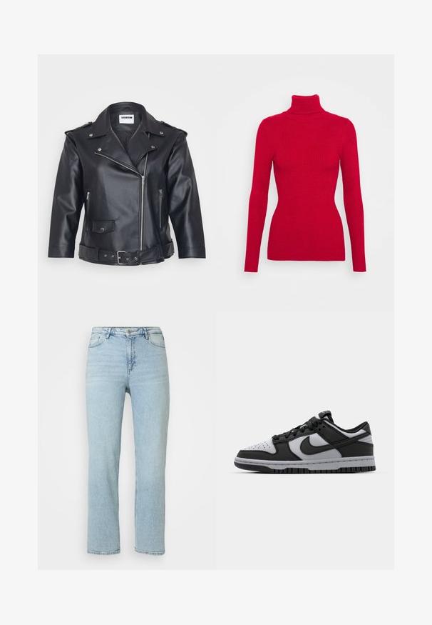 Črna usnjena motoristična jakna s poševnim ovratnikom, asimetričnim zadrgo, stranskimi žepi in pasom s sponko. Teksturirana površina in kovinski dodatki.; Rdeča rebrasta pulover s turtleneck izrezom, dolgimi rokavi, teksturiranim materialom, oprijetim krojem in visokim ovratnikom. Brez vidnih okraskov.; Svijetloplave traperice ravnog kroja s prednjim zatvaranjem na dugme i patentni zatvarač, petljama za pojas i klasičnim dizajnom s pet džepova.; Črne in sivo Nike Dunk nizke superge z perforiranim prstom, gladkimi usnjenimi detajli in gumijastim podplatom z teksturiranim vzorcem.