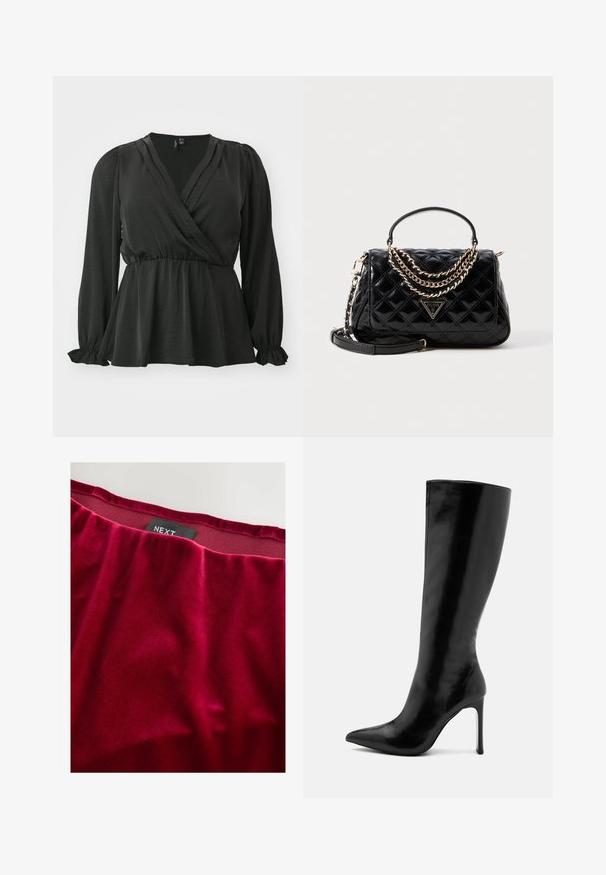 Chaqueta de moto de cuero negro con cuello con muescas, cremallera asimétrica, bolsillos laterales y cintura ajustada con cinturón. Acabado texturizado y herrajes metálicos.; Vero Moda Curve VMCMARY SMOCK - Blusa - black; Tela de terciopelo rojo con una textura suave, que presenta una cinturilla con fruncidos. Etiqueta de la marca "NEXT" visible cerca del borde superior.; Bota negra de cuero brillante hasta la rodilla, con punta afilada y tacón de aguja delgado. Textura suave con un diseño minimalista.; Bolso de mano acolchado negro con forma estructurada, acentos en cadena dorada, un asa superior y una placa con el logo. Incluye una correa de hombro desmontable.