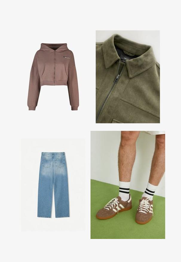 Olivovo zelená koženka z semišu s golierom, predným zipsom a dvoma náprsními vreckami. Hladký povrch so subtílnymi švovými detailmi.; Zastrihnutá mikina na zips v tlmených hnedých farbách. Obsahuje predné vrecko, rebrovaný lem a zodpovedajúce rebrované manžety. Športové logo v hornej ľavej časti.; Biely bavlnený top bez rukávov s okrúhlym výstrihom a priliehavým strihom. Hladká textúra, jednoduchý dizajn a minimálne švy.; Svetlomodrá a biela flanelová košeľa s čiernym károvaným vzorom, obsahujúca dve náprsné vrecká a zlaté gombíky, navrhnutá s voľným strihom.; Svetlomodré denimové džínsy so strihaním do rovna, ktoré majú dve zadné vrecká a vyblednutú textúru v horných častiach.; Hnedé zamatové tenisky s bielymi akcentmi a šnúrkami. Gumová podrážka. Nosené s bielymi ponožkami so čiernymi pruhmi. Zelená textúrovaná podlaha.