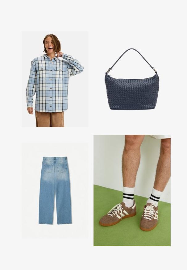 Oliivinvihreä mokkatekstuurilla varustettu takki, jossa on kauluskanta, etuvetoketju ja kaksi rintataskua. Sujuva pinta, jossa on hienovaraisia ompeluyksityiskohtia.; Vaaleansininen ja valkoinen flanellipaita, jossa on musta ruutukuosi, kahdella rintataskulla ja kultanapin, suunniteltu rentoon istuvuuteen.; Valkoinen puuvillainen hihaton toppi, jossa on pyöristetty pääntie, ei hihoja ja vartalonmyötäinen muoto. Sileä pinta, yksinkertainen muotoilu ja vähäiset ompeluyksityiskohdat.; Vaaleansiniset denimfarkut, joissa on suora lahje, kahdella takataskulla ja haalistunut pinta yläosissa.; Ruske nahkate sneakerit valkoisilla korostuksilla ja nauhoilla. Kumi-gumipohja. Yhdistetty valkoisiin sukkiin, joissa on mustia raitoja. Vihreä teksturoitu lattia.; Laivan sininen kudottu nahkalaukku, jossa on pyöreä muoto, yksi kahva ja vetoketjukiinnitys. Teksturoitu pinta, jossa on monimutkainen koriruudukko-kuvio.