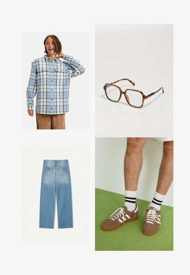 Olivgrön mockajacka med krage, dragkedja fram och två bröstfickor. Slät textur med subtila sömdetaljer.; Ljust blå och vit flanellskjorta med svart rutmönster, utrustad med två bröstfickor och guldknappar, designad med en avslappnad passform.; Vit bomullstopp med rundad halsringning, utan ärmar och en åtsittande form. Slät textur, enkel design och minimala sömnadsdetaljer.; Ljusblå denimjeans med rak bendesign, som har två bakfickor och en urvaskad yta vid de övre delarna.; Bruna mockaskor med vita detaljer och snören. Gummisula i beige. Bärs med vita strumpor med svarta ränder. Grön strukturerad golvyta.; Sköldpaddsmönstrade glasögon med fyrkantig båge, utrustade med klara linser och ett texturerat mönster. Bågarna har en tunn och strömlinjeformad design.; Vävd läderhandväska i marinblått med rundad form, enkel handtag och dragkedjestängning. Strukturerad yta med intrikat korgvävsmönster.
