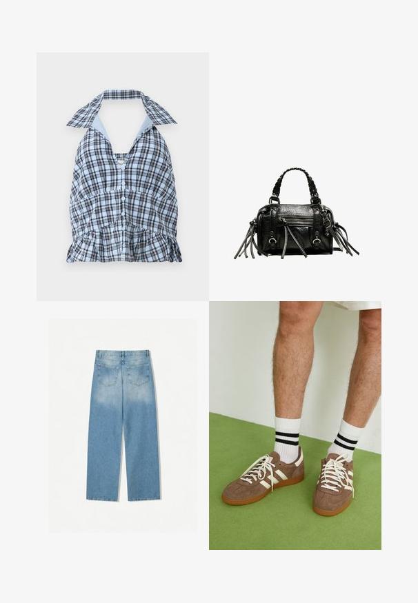 Giacca in suede verde oliva con colletto, zip frontale e due tasche sul petto. Texture liscia con dettagli di cucitura sottili.; Top a fascia a halter blu e bianco a quadretti con scollo a V profondo, chiusura a bottoni e orlo arricciato. Presenta un colletto azzurro a contrasto.; Jeans in denim blu chiaro con design a gamba dritta, dotati di due tasche posteriori e una texture scolorita nelle sezioni superiori.; Sneaker in suede marrone con dettagli e lacci bianchi. Suola in gomma color gomma. Indossati con calzini bianchi con righe nere. Pavimento verde texturizzato.; Borsa a mano in pelle nera con manici intrecciati, superficie testurizzata, tasca frontale con zip e dettagli decorativi in frange. Forma compatta e ben strutturata.
