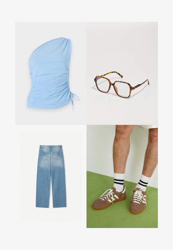 Olive green suede-style jacket with a collared neck, front zipper, and two chest pockets. Smooth texture with subtle stitching details.; Light blue one-shoulder top made of soft fabric. Features gathered detailing on the side and adjustable tie at the hem. Smooth texture.; Light blue denim jeans with a straight leg design, featuring two back pockets and a faded texture at the upper sections.; Brown suede sneakers with white accents and laces. Rubber gum sole. Worn with white socks featuring black stripes. Green textured flooring.; Tortoiseshell glasses with a square frame, featuring clear lenses and a textured pattern. The arms have a thin, streamlined design.; Navy woven leather handbag with a rounded shape, single handle, and zipper closure. Textured surface with intricate basketweave pattern.