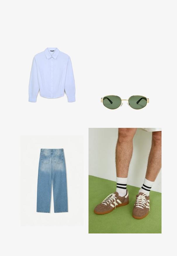 Giacca in suede verde oliva con colletto, zip frontale e due tasche sul petto. Texture liscia con dettagli di cucitura sottili.; Camicia bianca a maniche lunghe con colletto a punta, tessuto liscio e lievi pieghe sulle maniche, dotata di chiusura frontale con bottoni.; Jeans in denim blu chiaro con design a gamba dritta, dotati di due tasche posteriori e una texture scolorita nelle sezioni superiori.; Sneaker in suede marrone con dettagli e lacci bianchi. Suola in gomma color gomma. Indossati con calzini bianchi con righe nere. Pavimento verde texturizzato.; Occhiali da sole con montatura dorata e lenti verdi, forma ovale, stanghette nere e naselli trasparenti. Design pulito e minimalista.; Borsa a mano in pelle intrecciata di colore blu navy, con forma arrotondata, manico singolo e chiusura con zip. Superficie testurizzata con un intricato motivo a cesto.