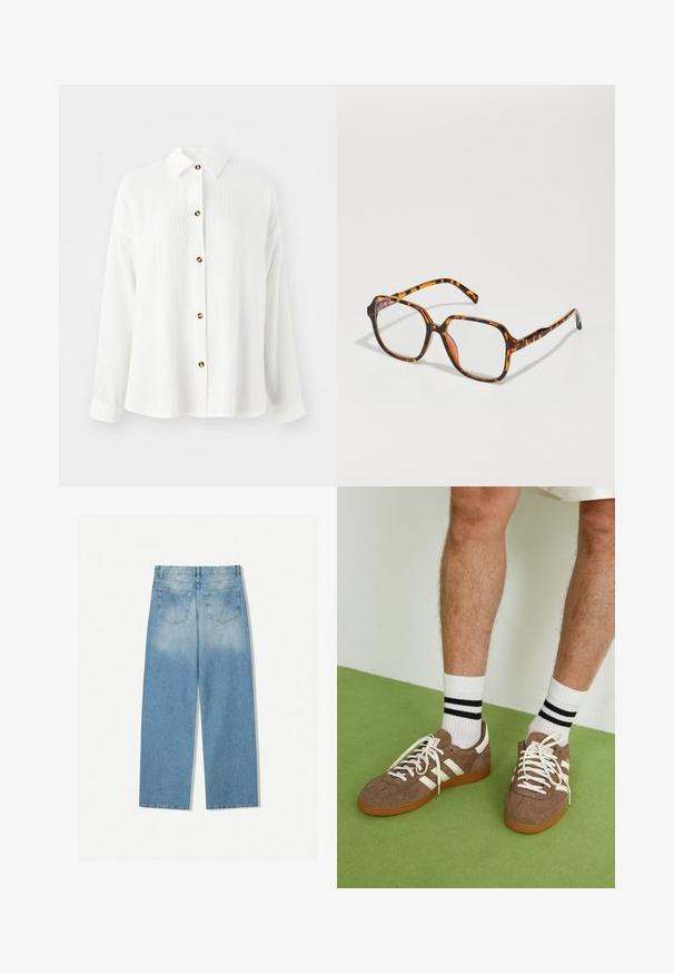 Oliivinvihreä mokkatekstuurilla varustettu takki, jossa on kauluskanta, etuvetoketju ja kaksi rintataskua. Sujuva pinta, jossa on hienovaraisia ompeluyksityiskohtia.; Valkoinen pitkähihainen paita teksturoitua kangasta, napitettava etuosa, kaula-aukko ja ruskeat napit. Pehmeä, rento muotoilu.; Valkoinen puuvillainen hihaton toppi, jossa on pyöristetty pääntie, ei hihoja ja vartalonmyötäinen muoto. Sileä pinta, yksinkertainen muotoilu ja vähäiset ompeluyksityiskohdat.; Vaaleansiniset denimfarkut, joissa on suora lahje, kahdella takataskulla ja haalistunut pinta yläosissa.; Ruske nahkate sneakerit valkoisilla korostuksilla ja nauhoilla. Kumi-gumipohja. Yhdistetty valkoisiin sukkiin, joissa on mustia raitoja. Vihreä teksturoitu lattia.; Uudet kilpikonnakuosiset silmälasit, joissa on neliömäinen kehys, kirkkaat linssit ja teksturoitu pinta. Sangoissa on ohut, virtaviivainen muotoilu.; Laivan sininen kudottu nahkalaukku, jossa on pyöreä muoto, yksi kahva ja vetoketjukiinnitys. Teksturoitu pinta, jossa on monimutkainen koriruudukko-kuvio.