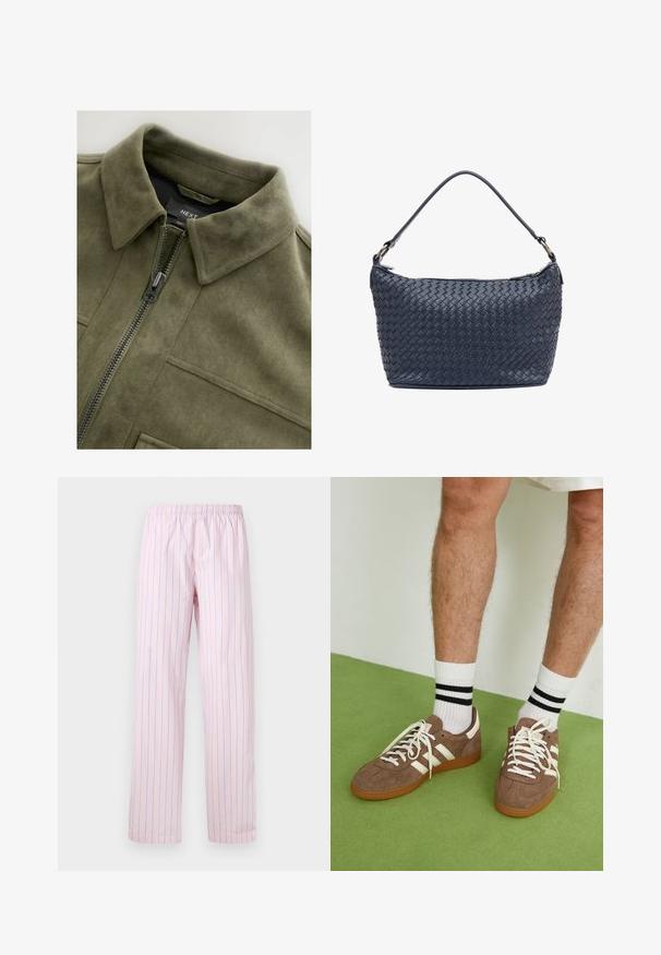 Olivově zelená semišová bunda s límcem, předním zipem a dvěma náprsními kapsami. Hladká textilie s jemnými švy.; Bílý bavlněný top bez rukávů s kulatým výstřihem a přiléhavým střihem. Hladká textilie, jednoduchý design a minimální švy.; Světle modrá a bílá flanelová košile s černou kostičkovanou vzorem, která má dvě kapsy na prsou a zlaté knoflíky, je navržena s uvolněným střihem.; Světle růžové kalhoty s vertikálními modrými pruhy, vyrobené z hladkého materiálu, s elastickým pasem a širokými nohavicemi.; Hnědé semišové tenisky s bílými akcenty a tkaničkami. Gumová podrážka. Nošeny s bílými ponožkami s černými pruhy. Zelená strukturovaná podlaha.; Námorní modrá propletená kožená kabelka zaobleného tvaru, s jedním uchopem a zipovým uzávěrem. Texturovaný povrch s jemným vzorem z košíkového pletení.