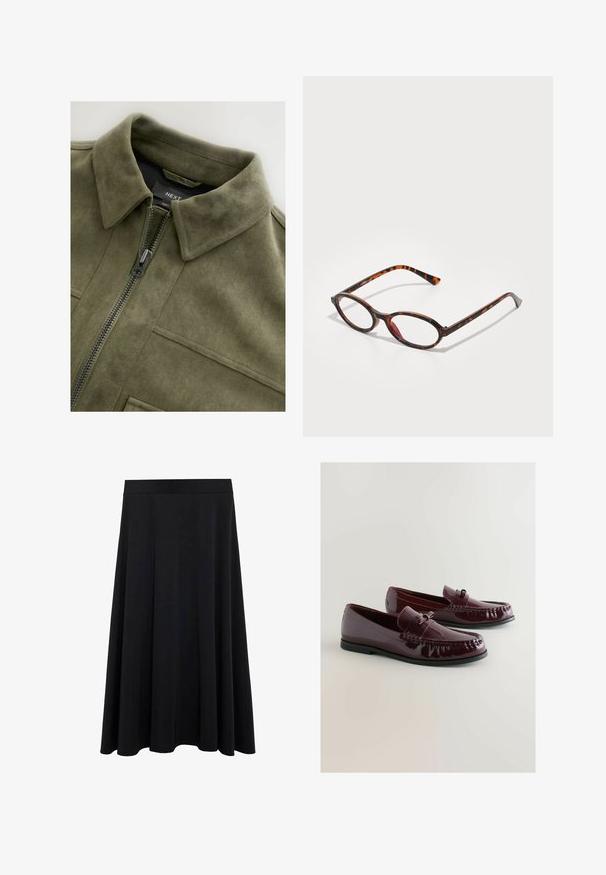 Olive zelena jakna iz semiša s ovratnikom, sprednjim zadrgo in dvema žepoma na prsih. Gladka tekstura z diskretnimi šivi.; Bela rebrasta majica s širokimi naramnicami in globokim izrezom. Mehka tkanina in šivani robovi. Preprost, oprijet dizajn.; Črna, tekoča A-linijska krila iz mehkega blaga z elastičnim pasom in gladko teksturo, zasnovana za udobno nošenje.; Bordo lakirani loaferi z zaobljenim nosom, dekorativnim trakom in subtilnimi šivi. Črna gumijasta podplat.; Kornjačaste sončne očala z ovalnimi lečami, ki imajo temen okvir z svetlimi in temnimi rjavimi vzorci ter drobnimi, ukrivljenimi nogicami.