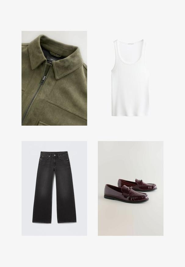 Olijf groene suède-achtige jas met een kraag, een frontale rits en twee borstzakken. Soepele textuur met subtiele stikdetails.; Witte geribbelde tanktop met een ronde halslijn en brede bandjes. Zachte stoftextuur en gestikte randen. Eenvoudig, getailleerd ontwerp.; Zwarte wijde denim jeans met vijf zakken en een knoopsluiting, plat gelegd tegen een lichte achtergrond.; Bordeaux patentleren loafers met een ronde neus, decoratieve band en subtiele stiksels. Zwarte rubberen zool.