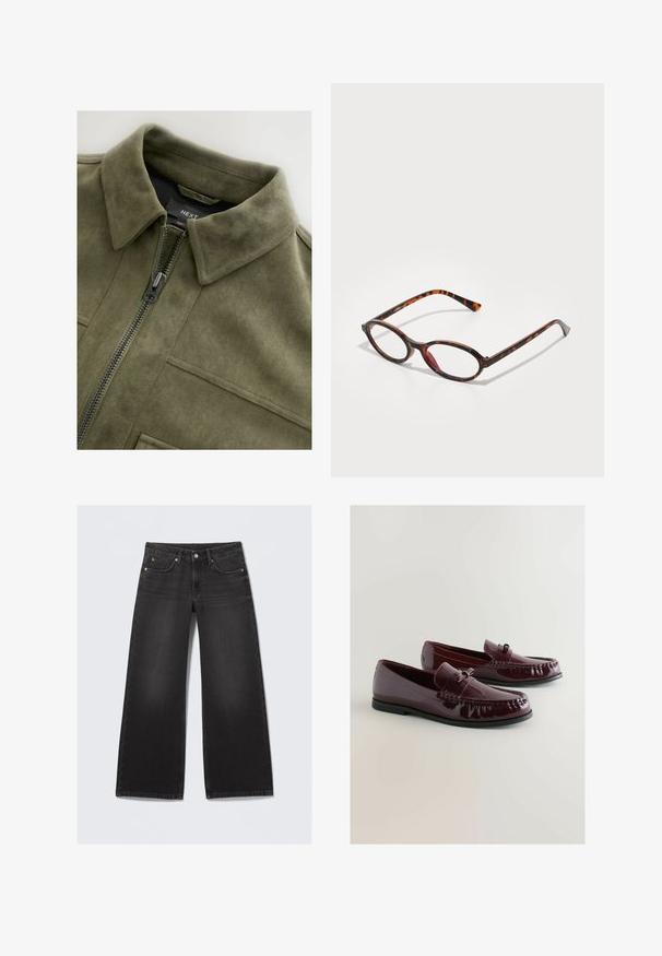 Giacca in suede verde oliva con colletto, zip frontale e due tasche sul petto. Texture liscia con dettagli di cucitura sottili.; Top tank bianco a costine con scollatura a barco e spalline larghe. Tessuto morbido e orli cuciti. Design semplice e aderente.; Jeans in denim nero a gamba larga con cinque tasche e chiusura con bottone, posati su uno sfondo chiaro.; Mocassini in pelle patinata borgogna con punta arrotondata, fascetta decorativa e dettagli di cucitura sottile. Suola in gomma nera.; Occhiali da sole tartarugati con lenti ovale, caratterizzati da una montatura scura con motivi marroni chiari e scuri, e aste sottili e curate.
