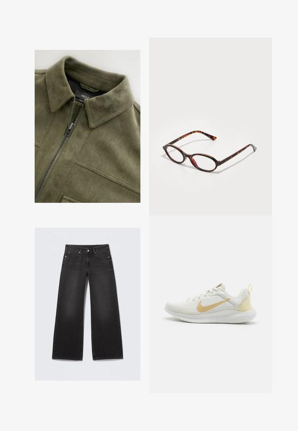 Olive green suede-style jacket with a collared neck, front zipper, and two chest pockets. Smooth texture with subtle stitching details.; White ribbed tank top with a scoop neckline and wide straps. Soft fabric texture and stitched hems. Simple, fitted design.; Black wash wide-leg denim jeans with five pockets and a button closure, laid flat against a light background.; White athletic shoe with a textured mesh upper, gold accents, and a flexible sole. Features a pull tab at the heel for easy wear.; Tortoiseshell sunglasses with oval lenses, featuring a dark frame with light and dark brown patterns, and slender, curved temples.