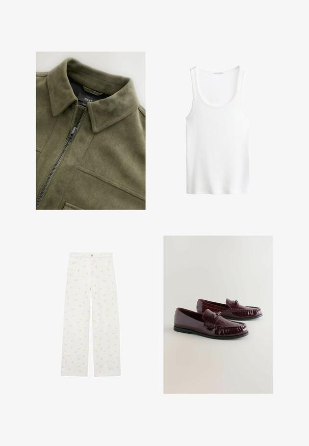 Olijf groene suède-achtige jas met een kraag, een frontale rits en twee borstzakken. Soepele textuur met subtiele stikdetails.; Witte geribbelde tanktop met een ronde halslijn en brede bandjes. Zachte stoftextuur en gestikte randen. Eenvoudig, getailleerd ontwerp.; Witte wijdere broek van denim, met een overal licht oranje bloemenpatroon en voorzakken. Knopen bij de taille voor sluiting.; Bordeaux patentleren loafers met een ronde neus, decoratieve band en subtiele stiksels. Zwarte rubberen zool.
