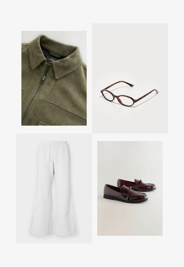 Giacca in suede verde oliva con colletto, zip frontale e due tasche sul petto. Texture liscia con dettagli di cucitura sottili.; Top tank bianco a costine con scollatura a barco e spalline larghe. Tessuto morbido e orli cuciti. Design semplice e aderente.; Pantaloni tuta grigi chiari a palazzo con vita elasticizzata, realizzati in tessuto morbido e testurizzato. Presentano una vestibilità ampia e aperture per le gambe larghe.; Mocassini in pelle patinata borgogna con punta arrotondata, fascetta decorativa e dettagli di cucitura sottile. Suola in gomma nera.; Occhiali da sole tartarugati con lenti ovale, caratterizzati da una montatura scura con motivi marroni chiari e scuri, e aste sottili e curate.