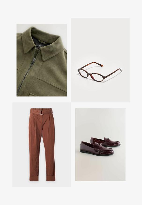 Olijf groene suède-achtige jas met een kraag, een frontale rits en twee borstzakken. Soepele textuur met subtiele stikdetails.; Witte geribbelde tanktop met een ronde halslijn en brede bandjes. Zachte stoftextuur en gestikte randen. Eenvoudig, getailleerd ontwerp.; Bruine katoen broek met een riem, voorzien van een metalen gesp, geplooide voorkant en opgerolde manchet. Glad textuur en rechte pijpen.; Bordeaux patentleren loafers met een ronde neus, decoratieve band en subtiele stiksels. Zwarte rubberen zool.; Tortoiseshell zonnebril met ovale lenzen, voorzien van een donker montuur met licht en donkerbruine patronen, en slanke, gebogen pootjes.