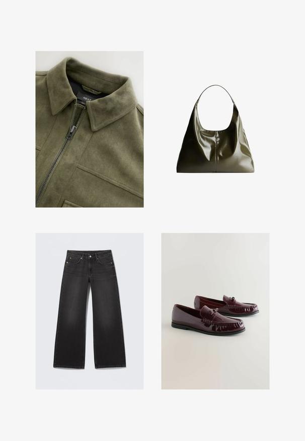 Olivově zelená semišová bunda s límcem, předním zipem a dvěma náprsními kapsami. Hladká textilie s jemnými švy.; Jednoduché bílé tričko s krátkým rukávem a kulatým výstřihem, slim fit, vystavené rovně na bílém pozadí.; Černé široké džíny s pěti kapsami a knoflíkovým zapínáním, položené na světlem pozadí.; Burgundské lakované mokasíny s kulatou špičkou, ozdobnou páskou a jemným prošíváním. Černá gumová podrážka.; Olivově zelená kožená kabelka přes rameno se hladkým, lesklým povrchem. Má zaoblený vršek a měkký, splývavý tvar. Minimalistický design.