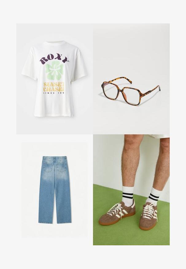 Olivově zelená semišová bunda s límcem, předním zipem a dvěma náprsními kapsami. Hladká textilie s jemnými švy.; Bílý bavlněný tričko s velkým fialovým logem "ROXY", zeleným květinovým motivem a nápisem "SUNSET CHASE" v žluté barvě, s volnými krátkými rukávy.; Svetle modre džíny s rovnými nohavicemi, které mají dvě zadní kapsy a vybledlou strukturu v horních částech.; Hnědé semišové tenisky s bílými akcenty a tkaničkami. Gumová podrážka. Nošeny s bílými ponožkami s černými pruhy. Zelená strukturovaná podlaha.; Kočičí brýle s čtvercovým rámem, obsahující průhledné čočky a texturovaný vzor. Stranice mají tenký, štíhlý design.; Námorní modrá propletená kožená kabelka zaobleného tvaru, s jedním uchopem a zipovým uzávěrem. Texturovaný povrch s jemným vzorem z košíkového pletení.