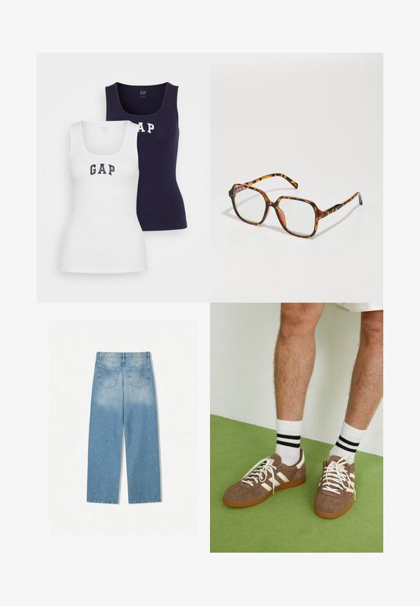 Olivengrøn suede-jakke med krave, frontlynlås og to brystlommer. Glat tekstur med subtile syninger.; To tanktop i hvid og marineblå, med ribbet tekstur, scoop halsudskæring og ordet "GAP" trykt i kontrastfarver på forsiden.; Lysblå denimjeans med lige ben-design, som har to baglommer og en falmet tekstur i de øverste sektioner.; Brune ruskind sneakers med hvide detaljer og snørebånd. Gummisål i naturgummi. Båret med hvide sokker med sorte striber. Grøn struktureret gulv.; Skildpaddebriller med en firkantet ramme, der har klare linser og et struktureret mønster. Stængerne har et tyndt, strømlinet design.; Marineblå vævet læder håndtaske med en rund form, en enkelt hank og lynlåslukning. Struktureret overflade med intrikate kurvevævning mønster.