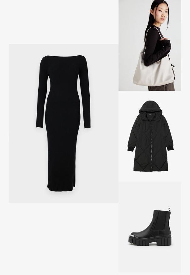 Fekete steppelt pufi kabát kapucnival, cipzáras záródással, oldalsó zsebekkel és elasztikus mandzsettákkal. Simább, vízlepergető anyag.; Fekete bordázott kötött ruha hosszú ujjakkal, váll nélküli nyakkivágással és oldalsó részekkel a szegélyen. Testhez álló szabás sima textúrával.; Fekete boka csizmák sima bőrből, elasztikus panelek, vastag platform talp és fém orrrész jellemzi őket.; Puha anyagból készült bézs kézitáska, laza dizájnnal, varrott részletekkel és két vállpánttal. Mindennapi használatra alkalmas.