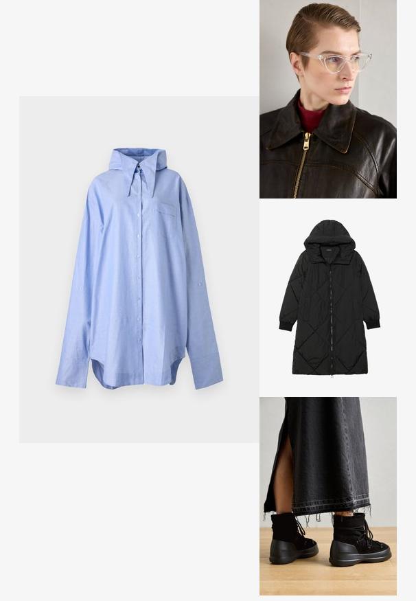 Melnas quiltētas pūkara mētelis ar kapuci, ar rāvējslēdzēja aizdari, sānu kabatām un elastīgām aprocēm. Gluda, ūdensizturīga auduma.; AVAVAV Kreklkleita - blue; Melnas potītes zābakus, izgatavotus no zamša, ar noapaļotu purngalu, auklu slēgšanu un biezu, teksturētu gumijas zoli. Redzama apgriezta džinsa svārku apmale.; Caurspīdīgas acetāta kaķa acs brillēs ar dzeltenām lēcām, ko valkā persona tumšā ādas jakā un sarkanā augstajā apkaklē. Gluda tekstūra.