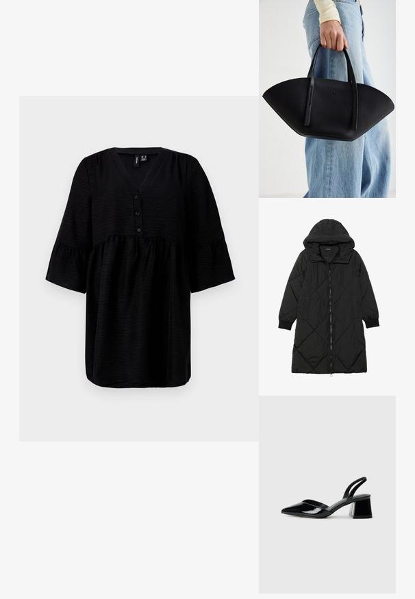 Casaco puffer acolchoado preto com capuz, apresentando um fecho de correr, bolsos laterais e punhos elásticos. Tecido suave e à prova d'água.; Top preto com decote em V, frente com botões e mangas curtas com babados. Feito de um tecido texturizado com um ajuste solto e fluido.; Sandy em verniz preto com salto slingback, ponta afilada e salto geométrico. Apresenta um design elegante e minimalista com textura suave.; Bolsa de mão em couro preto com uma forma única em leque, apresentando alças planas. A superfície tem uma textura pebble e um design minimalista.