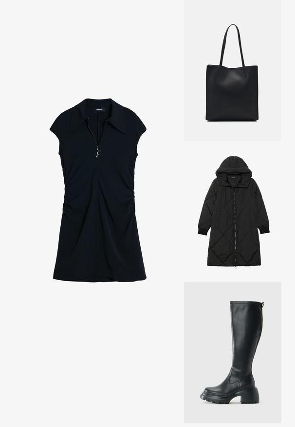 Must-havesinise mustris quiltitudis puffer jakk, millel on kapuuts, tõmblukk, küljetaskud ja elastsed varrukad. Sile, veekindel kangas.; Must have must jooniga klassikaline krae, lühikesed varrukad ja lukuga esiosa. Küljel on volditud detailid, mis loovad istuva silueti.; Kõrge must nahksaapad, millel on massiivne platvormi tald ja blokk-kand, varustatud tõmbenööriga ja tekstuuriga väljatõmbejääk.; Mustast nahast kott sujuva tekstuuriga, ristkülikukujuline ja kahe pika sangaga. Pole nähtavat riistvara ega kaunistusi.