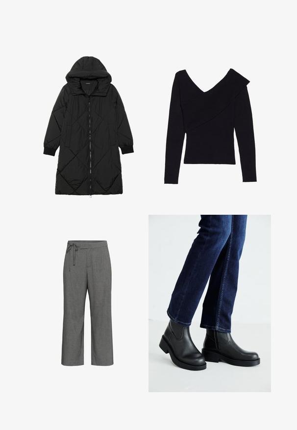 Black quilted puffer coat with a hood, featuring a zip closure, side pockets, and elastic cuffs. Smooth, water-resistant fabric.; Even&Odd Jumper - black; Gray wide-leg pants with subtle pinstripe pattern, high waist, and tied drawstring belt detail at the waistband.; Black leather ankle boots with a chunky sole and side elastic panels, paired with dark blue jeans. The ground is light-colored.