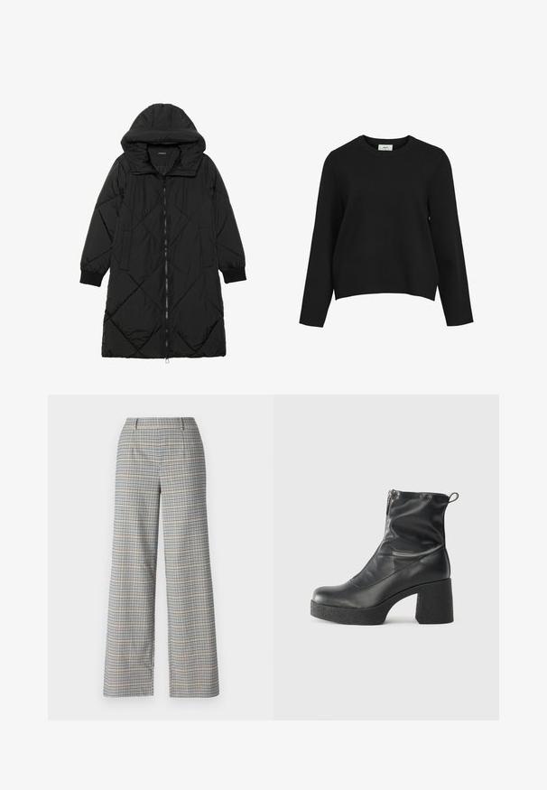 Manteau matelassé noir avec capuche, doté d'une fermeture éclair, de poches latérales et de poignets élastiques. Tissu lisse et résistant à l'eau.; Pull en maille noir avec un col rond, des manches longues et une coupe décontractée. Texture lisse sans motifs ni accents visibles.; Pantalons à jambes larges dans un motif à carreaux beige, marine et noir. Présente deux poches avant et un tissu lisse et structuré.; Bottes noires à la cheville en cuir lisse, dotées d'une fermeture éclair sur le côté, d'un talon épais texturé et d'une conception à bout rond.
