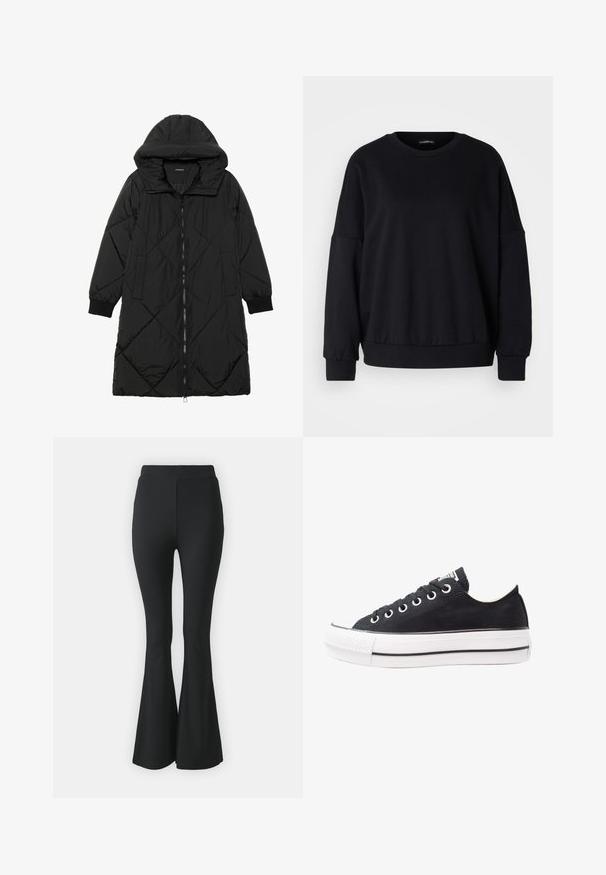 Casaco puffer acolchoado preto com capuz, apresentando um fecho de correr, bolsos laterais e punhos elásticos. Tecido suave e à prova d'água.; Sweatshirt preto com decote redondo, ajuste descontraído, ombros caídos, punhos canelados e um tecido texturizado. Design minimalista sem padrões.; Calças pretas de boca de sino feitas de tecido elástico. Apresentam uma cintura alta e um design suave e ajustado que se alarga a partir do joelho para baixo.; Sapatilha preta de lona com sola de borracha branca, bico redondo, design de cano baixo, ilhós de metal e bico texturizado. Tira preta fina ao longo da sola.