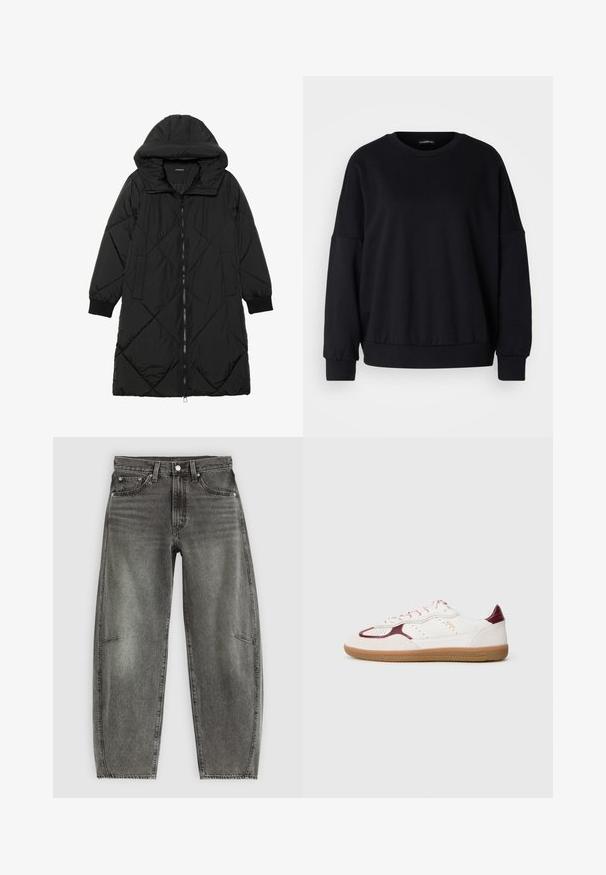 Svart quiltet puffjakke med hette, med glidelås, sidelommer og elastiske mansjetter. Glatt, vannavvisende stoff.; Svart hettegenser med rund hals, avslappet passform, senket skuldre, ribbestrikkede ermer og en teksturert stoff. Minimalt design uten mønstre.; Høy midje gråvasket denimjeans med fem lommer, knappelukking og en avslappet rett passform.; Hvite og burgunder lærsneakers med gummisåle, perforerte detaljer og rosa-hvite lisser, vist i profilsyn på ensfarget bakgrunn.