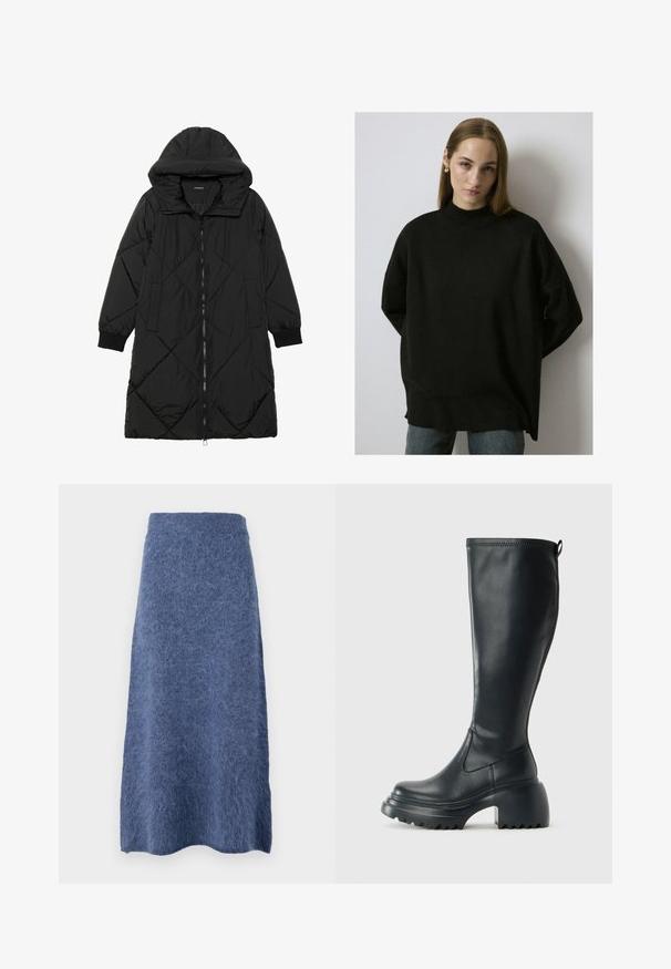 Čierna prešívaná páperová bunda s kapucňou, so zipsom, bočnými vreckami a elastickými manžetami. Hladká, vodeodolná tkanina.; Touché Privé TURTLENECK - Svetrík - black; Vlnená sukňa v jemnej modrej farbe s rovnou siluetou a textúrovanou, chlpatou tkaninou. Spodný lem je jemne zaoblený.; Vysoká čierna kožená čižma s masívnou platformou a blokovým podpätkom, s praktickým pútkom a textúrovaným vzorom na podošve.