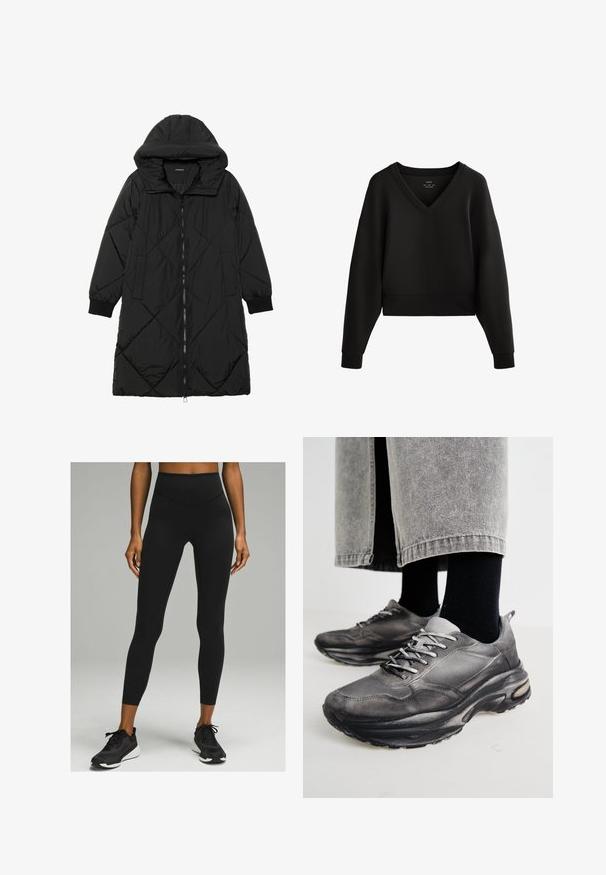 Sort quiltet pufferjakke med hætte, med lynlåslukning, sidelommer og elastiske manchetter. Glat, vandafvisende stof.; Sort cropped sweatshirt med V-hals, lange ærmer og ribstrikkede manchetter. Fremstillet af blødt, glat stof med et minimalistisk design.; Sorte højtaljede leggings med en glat tekstur og tætsiddende design, parret med sorte atletiske sko med en hvid sål.; Sorte og grå atletiske sko har en mesh-overdel, tykke såler og snørebånd. De har en afrundet tå og synligt dæmpningsdetalje.