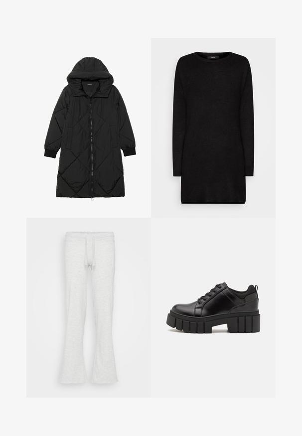Svart quiltet puffjakke med hette, med glidelås, sidelommer og elastiske mansjetter. Glatt, vannavvisende stoff.; Svart strikkegenser med lange ermer, rund halslinning og løst snitt, med en myk tekstur og ribbede kanter for ekstra detaljer.; Lys grå bukser med vid ben laget av myk stoff. Har en elastisk midje med snøring. Glatt tekstur, ingen synlige mønstre.; Svarte lærplattformsko med kraftig blokkhell, rund tå og tradisjonell snøring. Har en jevn tekstur og minimal detaljering.