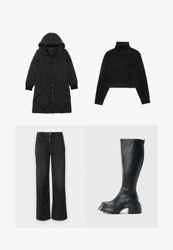 Casaco puffer acolchoado preto com capuz, apresentando um fecho de correr, bolsos laterais e punhos elásticos. Tecido suave e à prova d'água.; Sweater preto cropped com um gola alta canelada e punhos, apresentando uma textura suave e um corte descontraído. Design simples e minimalista.; Jeans de ganga pretos de perna larga com um corte clássico, apresentando fecho de zipper, botão de fecho e design de cinco bolsos. Detalhes de desvanecimento e costura subtis.; Bota preta de couro alta com sola de plataforma robusta e salto bloco, apresentando puxador e padrão texturizado na sola.
